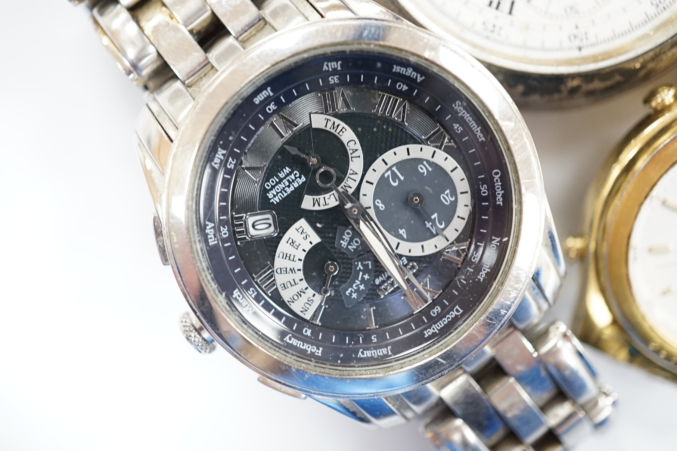 A 19th century Swiss 935 white metal open face keyless chronometer pocket watch, together with a gentleman's modern Seiko and Citizen wrist watches.